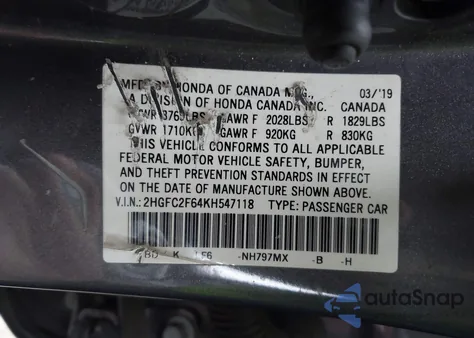 2019 Honda Civic Lx z USA, uszkodzony, nr VIN 2HGFC2F64KH547118